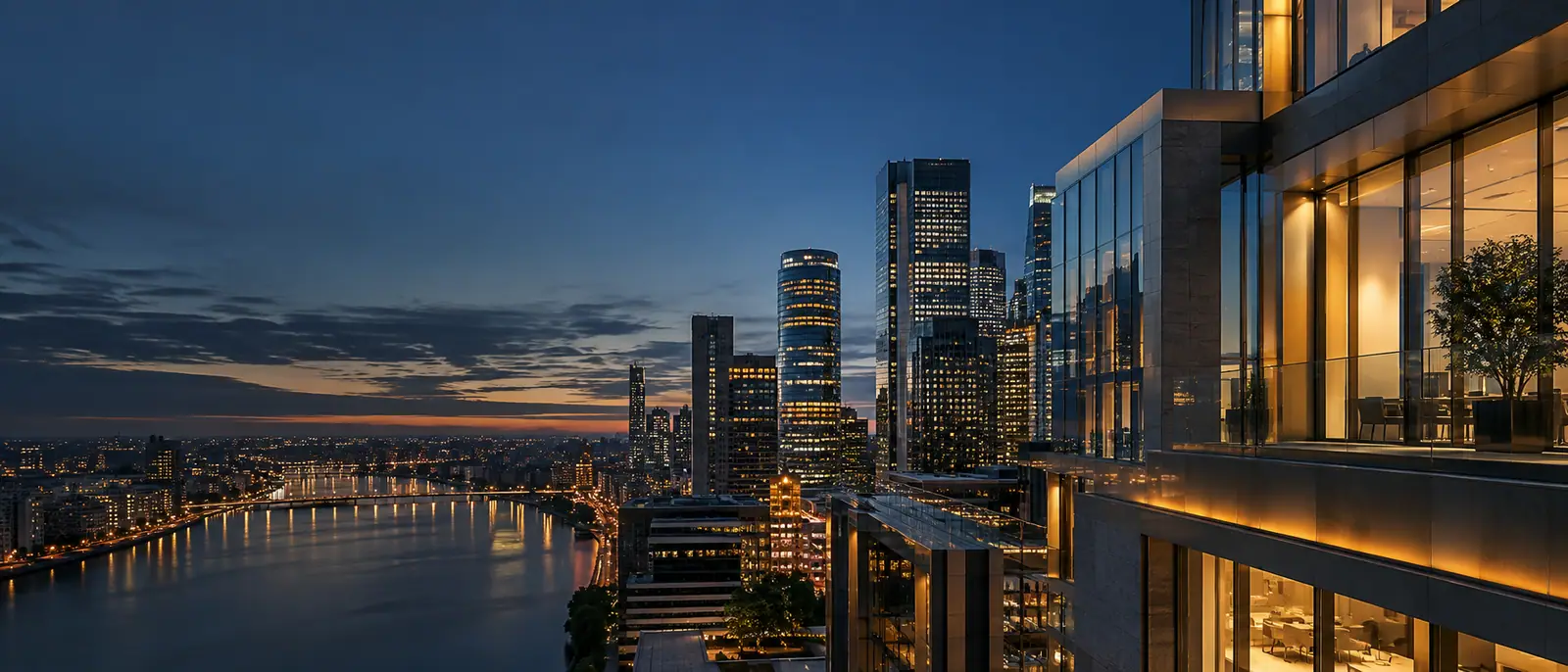 Illustrative commercial architecture and city skyline at dusk