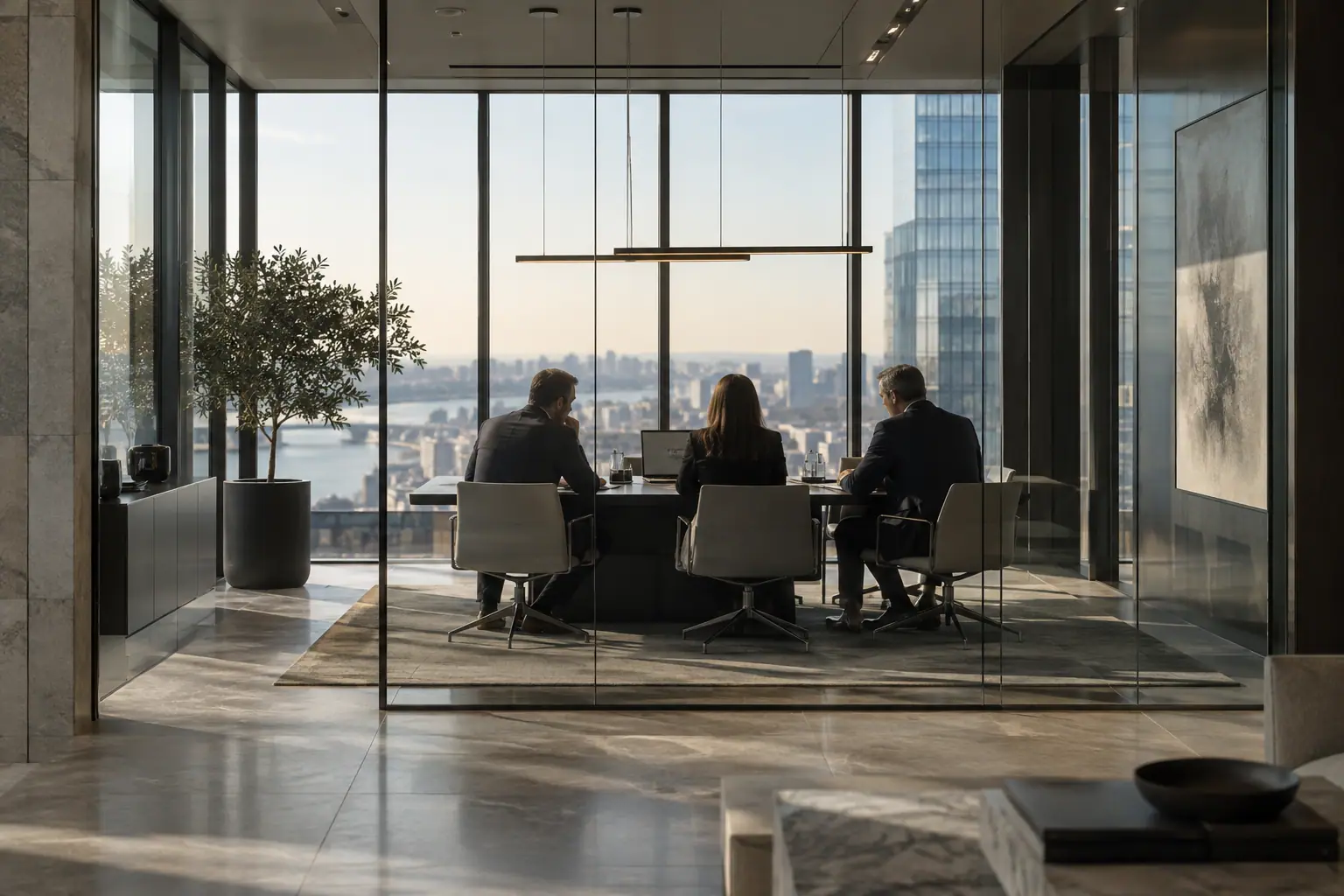 Illustrative professionals in a modern meeting room